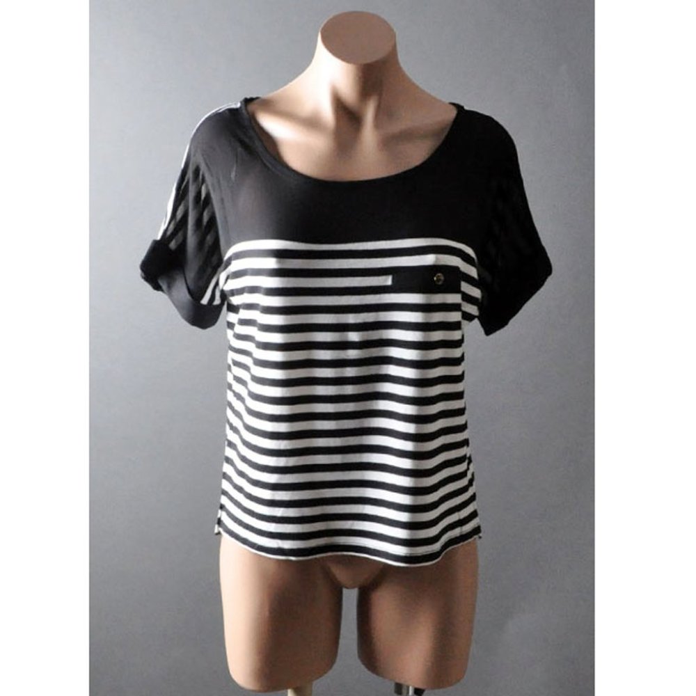 Black White Casual Colorblock Striped Rayon Short Sleeve Womens T-Shirt Top S